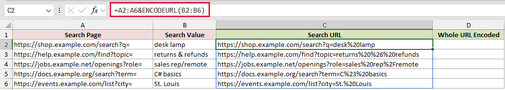 =A2:A6&ENCODEURL(B2:B6) in C2