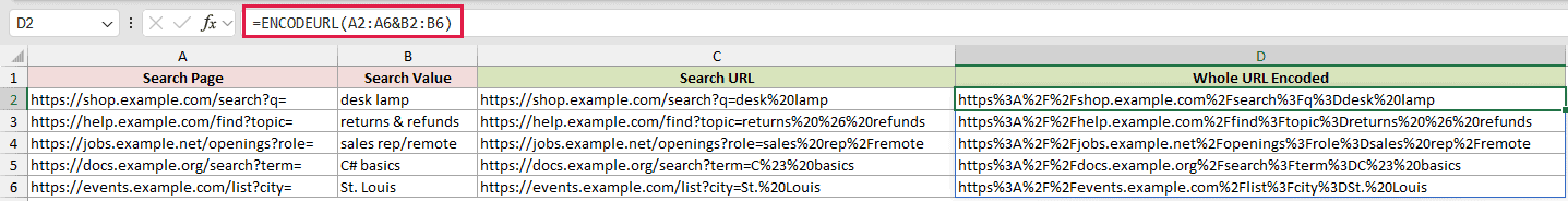 =ENCODEURL(A2:A6&B2:B6) in D2