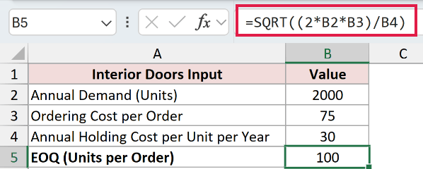 SQRT formula returning an EOQ of 100 interior doors per order