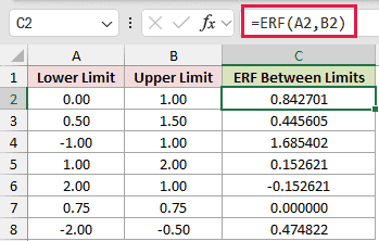 =ERF(A2,B2) in C2