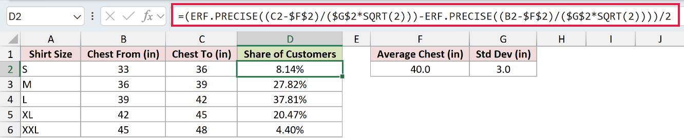 =(ERF.PRECISE((C2-$F$2)/($G$2*SQRT(2)))-ERF.PRECISE((B2-$F$2)/($G$2*SQRT(2))))/2 in D2
