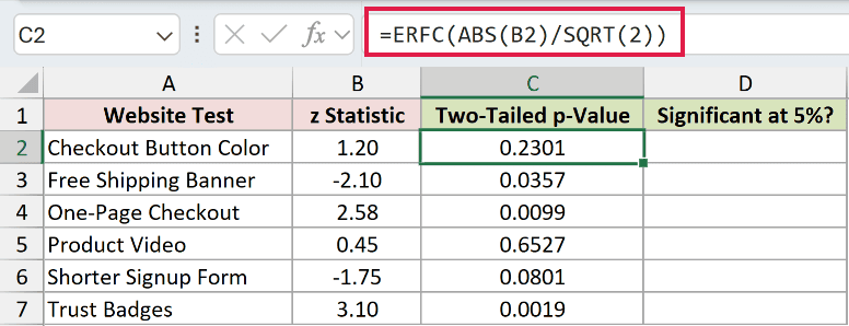 =ERFC(ABS(B2)/SQRT(2)) in C2