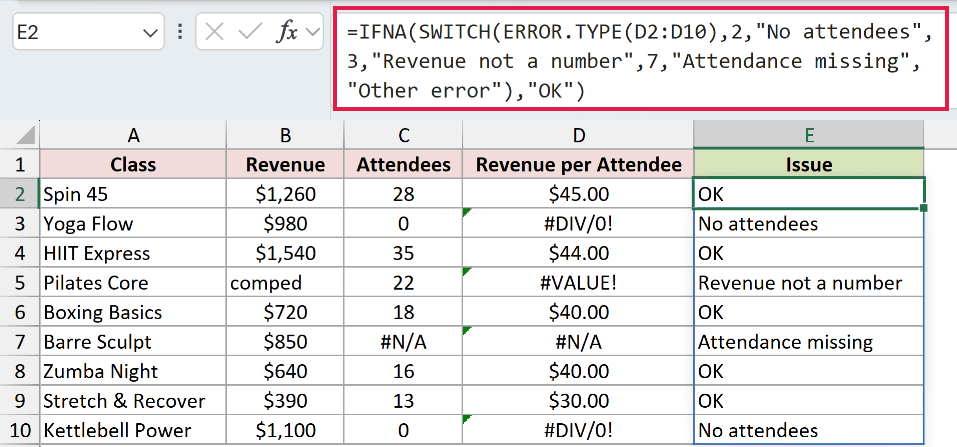 =IFNA(SWITCH(ERROR.TYPE(D2:D10),2,"No attendees",3,"Revenue not a number",7,"Attendance missing","Other error"),"OK") in E2