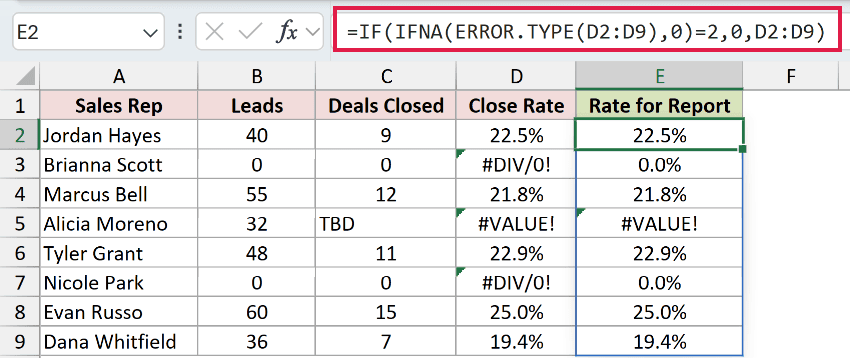 =IF(IFNA(ERROR.TYPE(D2:D9),0)=2,0,D2:D9) in E2