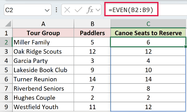 =EVEN(B2:B9) in C2