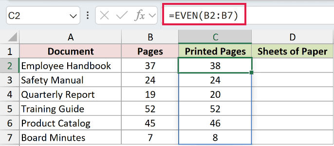 =EVEN(B2:B7) in C2