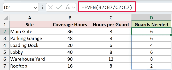 =EVEN(B2:B7/C2:C7) in D2