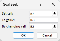 Goal Seek: set B7 to 0.3 by changing B2