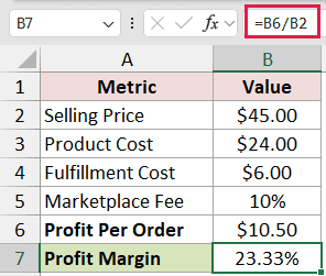 Price and Margin: B7 formula =B6/B2