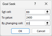 Goal Seek: set B8 to 2400 by changing B3