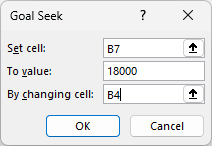 Goal Seek: set B7 to 18000 by changing B4