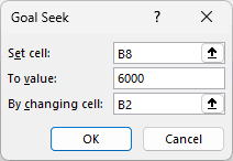 Goal Seek: set B8 to 6000 by changing B2