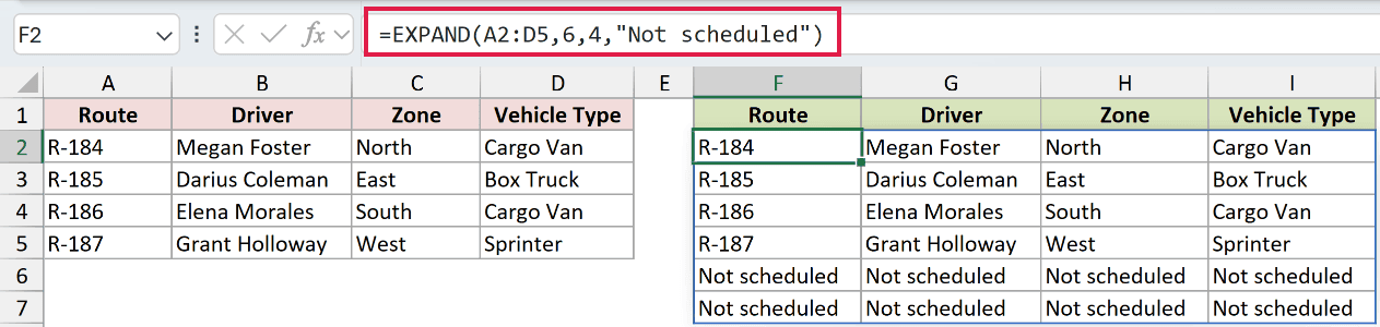 =EXPAND(A2:D5,6,4,"Not scheduled") in F2