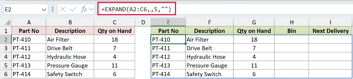 =EXPAND(A2:C6,,5,"") in E2