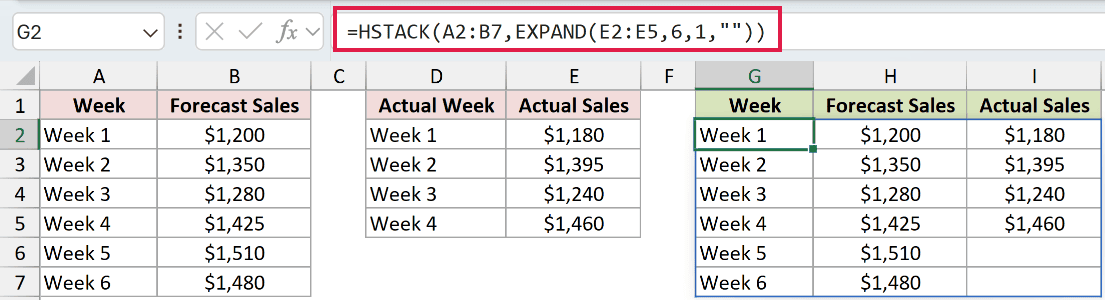 =HSTACK(A2:B7,EXPAND(E2:E5,6,1,"")) in G2