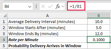 Probability Between Two Times: formula in B4 and its calculated results in Excel.
