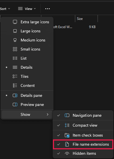 File Explorer: View > Show > File name extensions