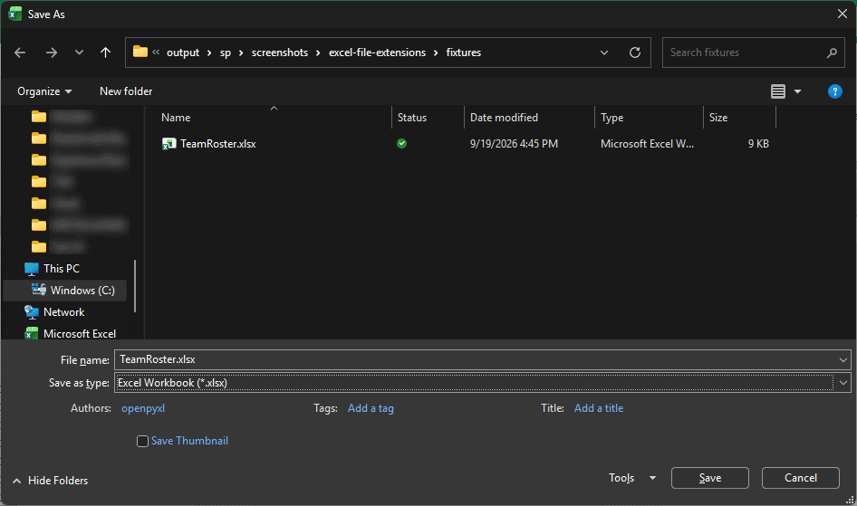 Excel: Save As dialog, TeamRoster filename