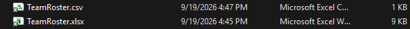 File Explorer: TeamRoster.xlsx and TeamRoster.csv