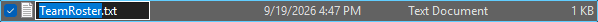 File Explorer: F2 on genuine comma-separated TeamRoster.txt, base name selected