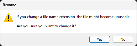 File Explorer: extension-change warning, Yes visible