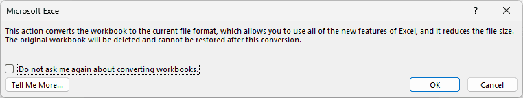 Excel: actual conversion prompt, as observed on installed Excel