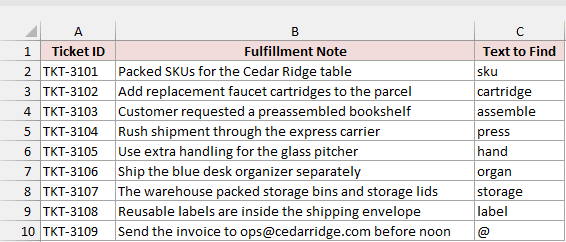 Ticket notes in column B and the text to find in column C.