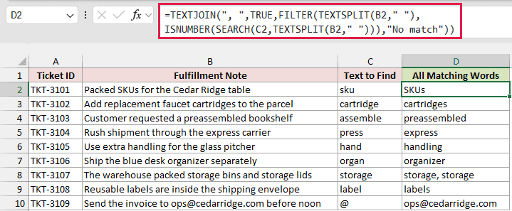 TEXTSPLIT, SEARCH, FILTER, and TEXTJOIN return every matching word in column D.