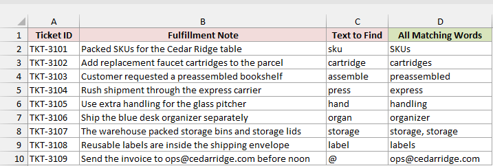 Ticket notes with the all-matches results in column D.