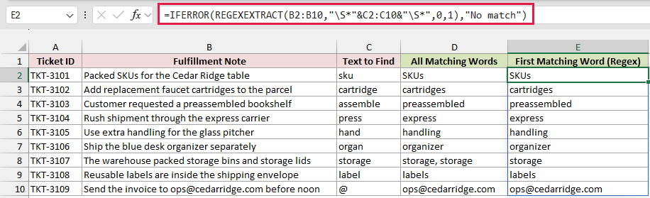 REGEXEXTRACT spills the first matching word for every note into column E.