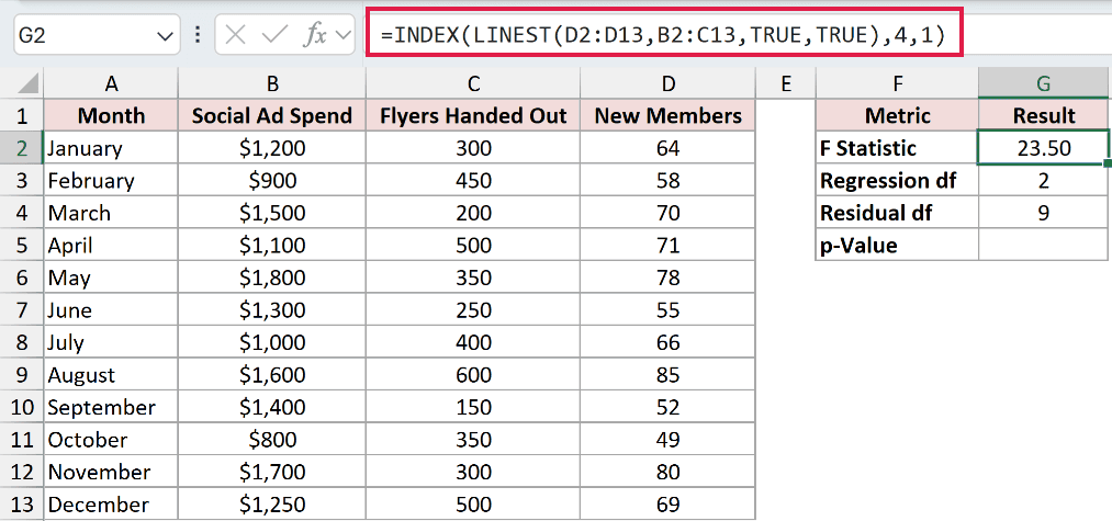 =INDEX(LINEST(D2:D13,B2:C13,TRUE,TRUE),4,1) in G2