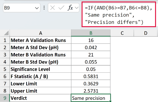 =IF(AND(B6>=B7,B6<=B8),"Same precision","Precision differs") in B9