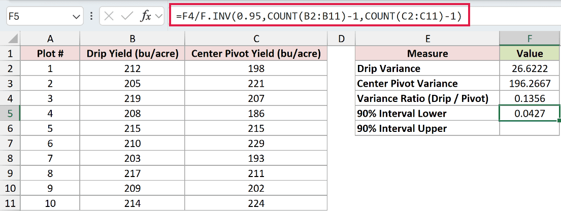 =F4/F.INV(0.95,COUNT(B2:B11)-1,COUNT(C2:C11)-1) in F5