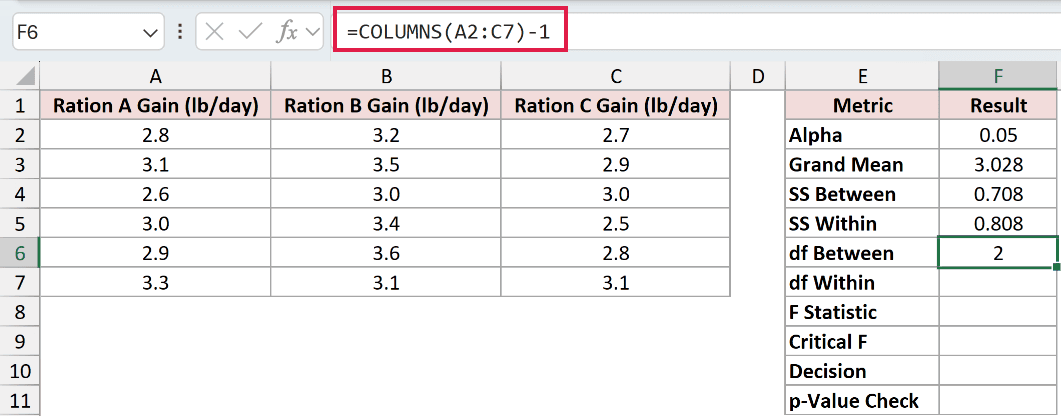 =COLUMNS(A2:C7)-1 in F6