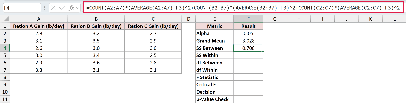 =COUNT(A2:A7)*(AVERAGE(A2:A7)-F3)^2+COUNT(B2:B7)*(AVERAGE(B2:B7)-F3)^2+COUNT(C2:C7)*(AVERAGE(C2:C7)-F3)^2 in F4