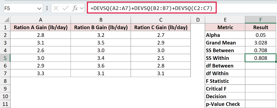 =DEVSQ(A2:A7)+DEVSQ(B2:B7)+DEVSQ(C2:C7) in F5