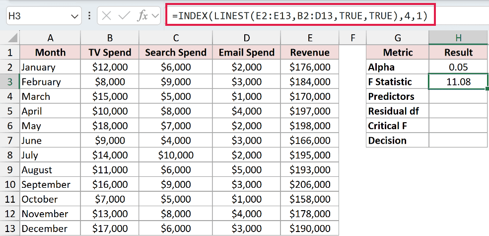 =INDEX(LINEST(E2:E13,B2:D13,TRUE,TRUE),4,1) in H3