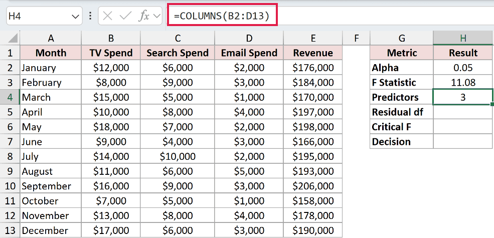 =COLUMNS(B2:D13) in H4