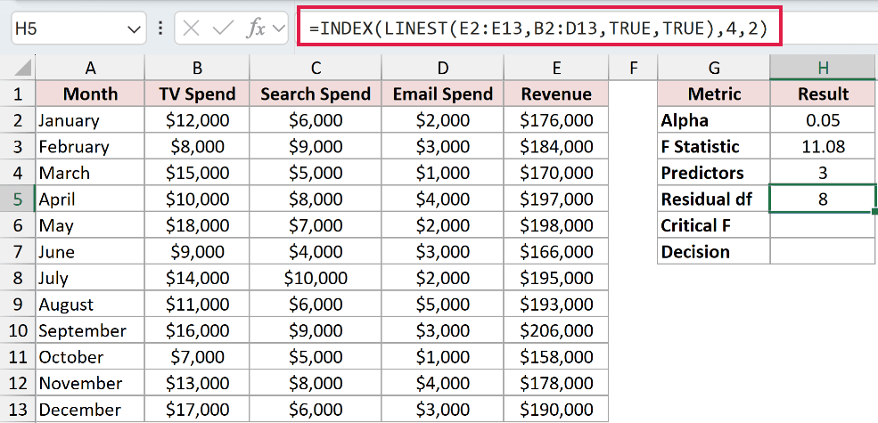 =INDEX(LINEST(E2:E13,B2:D13,TRUE,TRUE),4,2) in H5