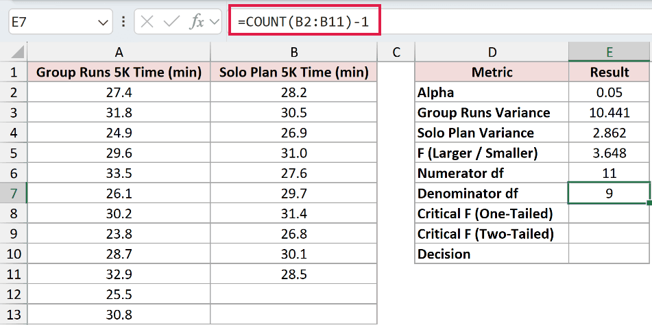 =COUNT(B2:B11)-1 in E7