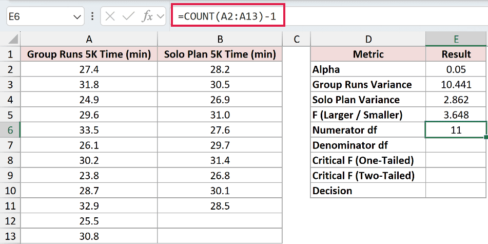 =COUNT(A2:A13)-1 in E6