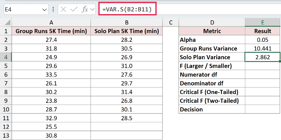 =VAR.S(B2:B11) in E4