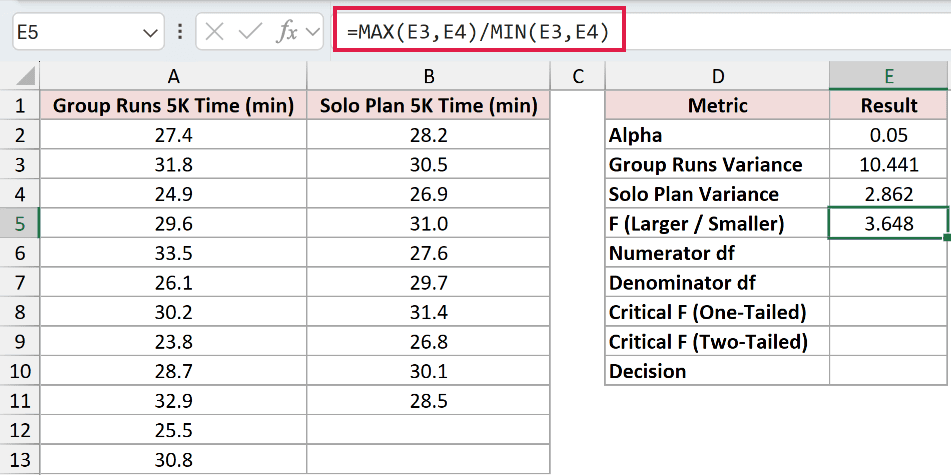 =MAX(E3,E4)/MIN(E3,E4) in E5