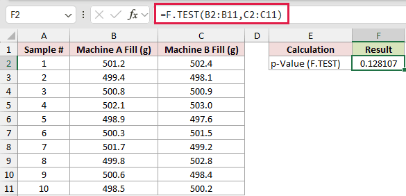 =F.TEST(B2:B11,C2:C11) in F2