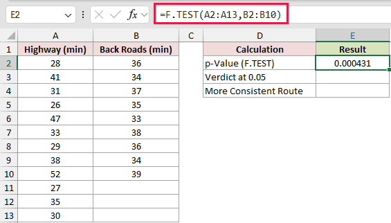 =F.TEST(A2:A13,B2:B10) in E2