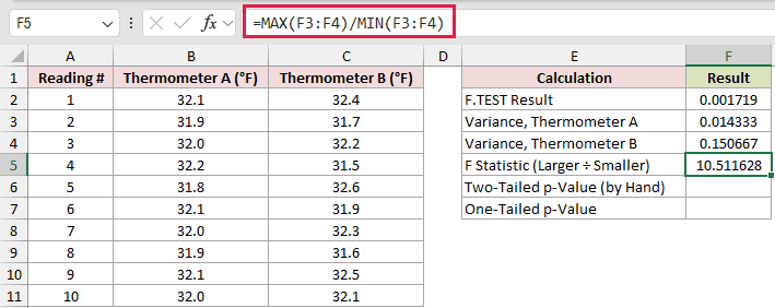 =MAX(F3:F4)/MIN(F3:F4) in F5