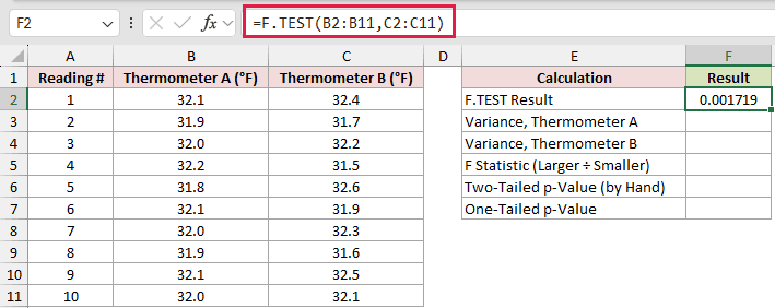 =F.TEST(B2:B11,C2:C11) in F2