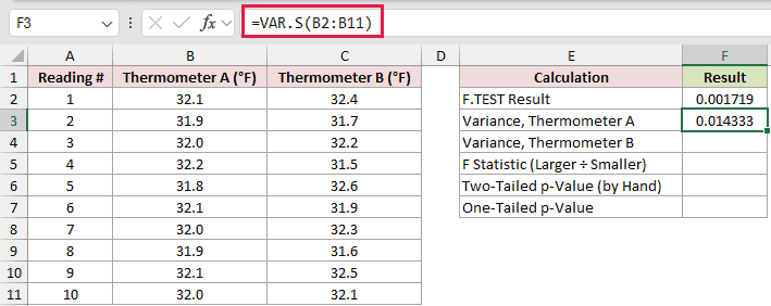 =VAR.S(B2:B11) in F3