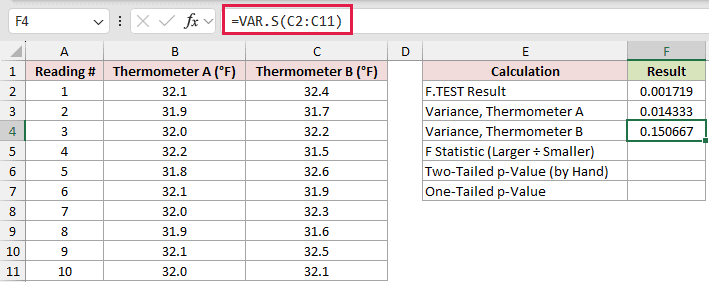 =VAR.S(C2:C11) in F4