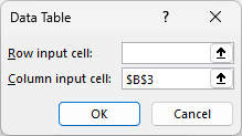 Data Table dialog with Row input cell empty and Column input cell set to $B$3